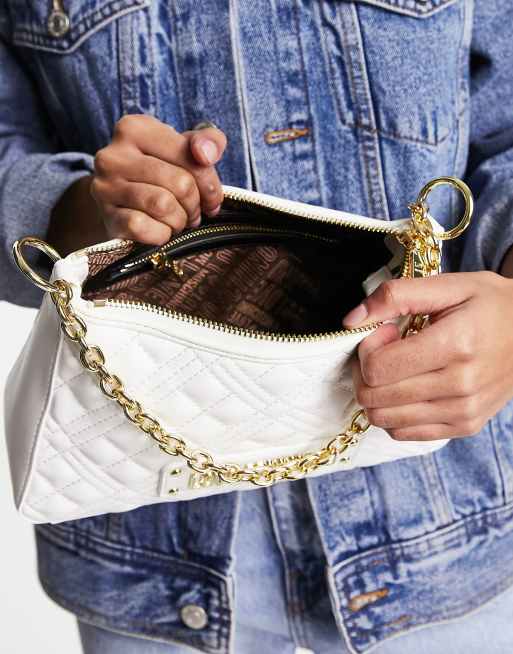 Love Moschino - Borsa da spalla trapuntata a rombi bianca con catenina e logo, 4 di 4