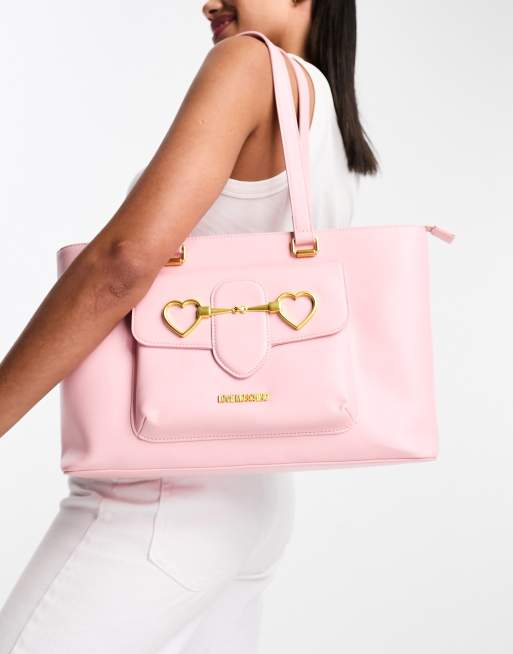 Love Moschino - Borsa shopping rosa chiaro con cuori e barretta