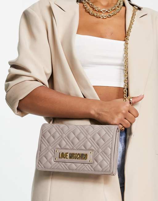 Love Moschino - Borsa trapuntata a rombi grigia con tracolla a catenina, 3 di 4