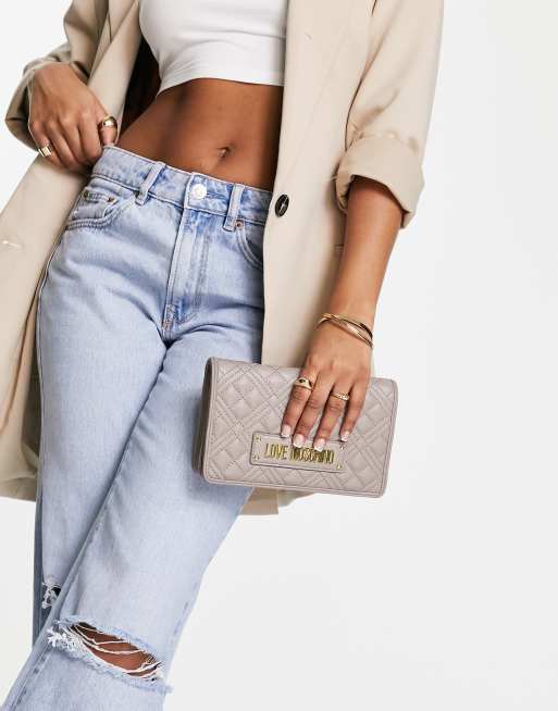 Love Moschino - Borsa trapuntata a rombi grigia con tracolla a catenina, 4 di 4