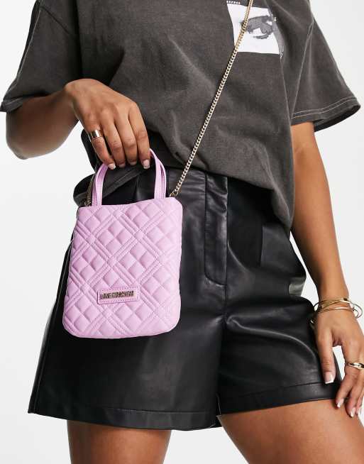 Love Moschino - Borsa trapuntata a rombi rosa con logo e tracolla a catenina