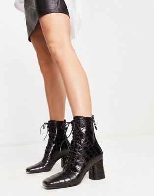 Love Moschino lace up boots with zip back in black croc - ASOS Price Checker
