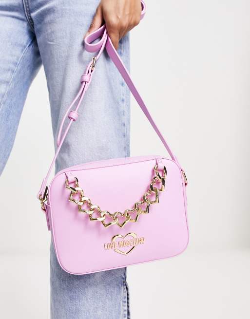 Love Moschino - Camera bag a tracolla rosa con catenina a cuori e logo