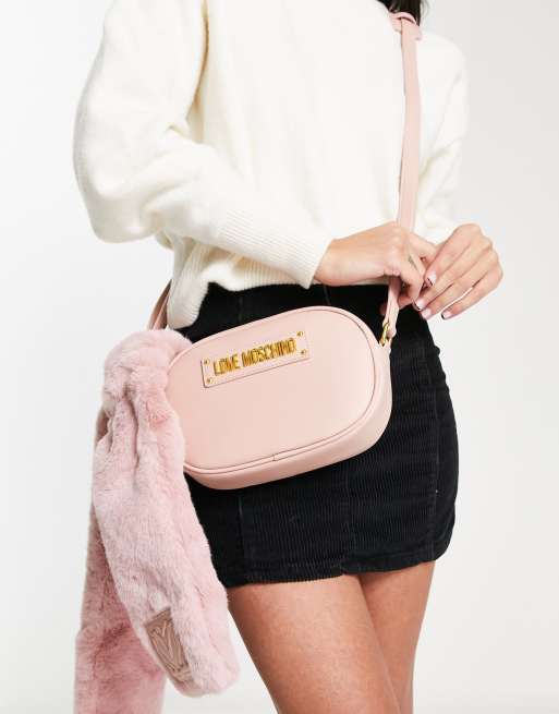 Love Moschino - Camera bag a tracolla rosa con sciarpa in pelliccia sintetica