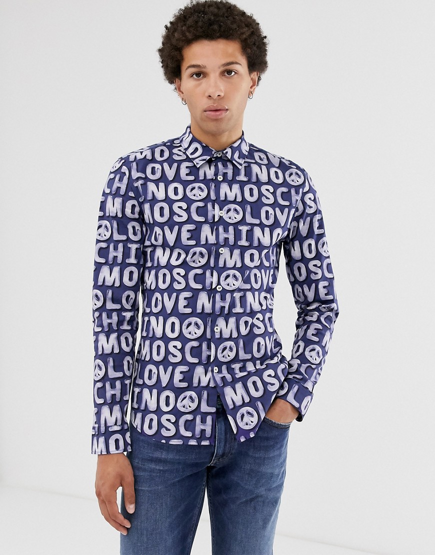 Love Moschino - Camicia a maniche lunghe con logo stampato-Blu