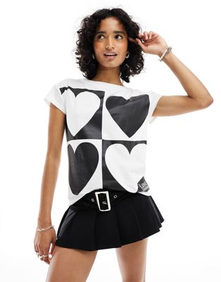 Love Moschino check heart t shirt in black and white - ASOS Price Checker