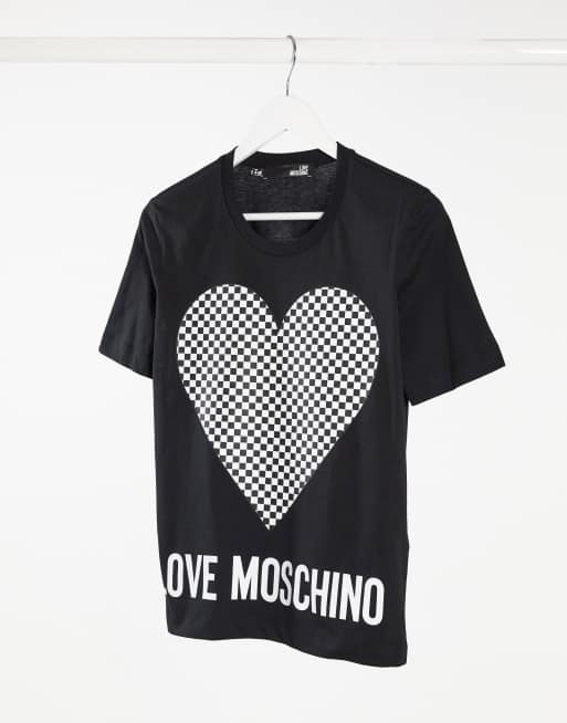 Love Moschino checkerboard heart logo t-shirt in black