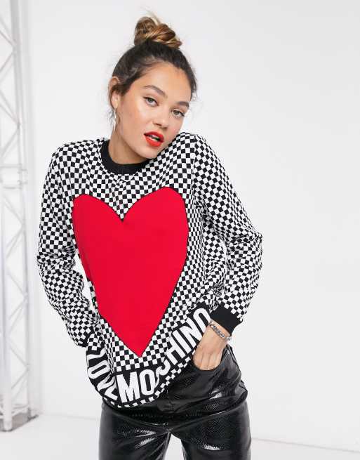 Love Moschino checkerboard heart sweater in red multi ASOS