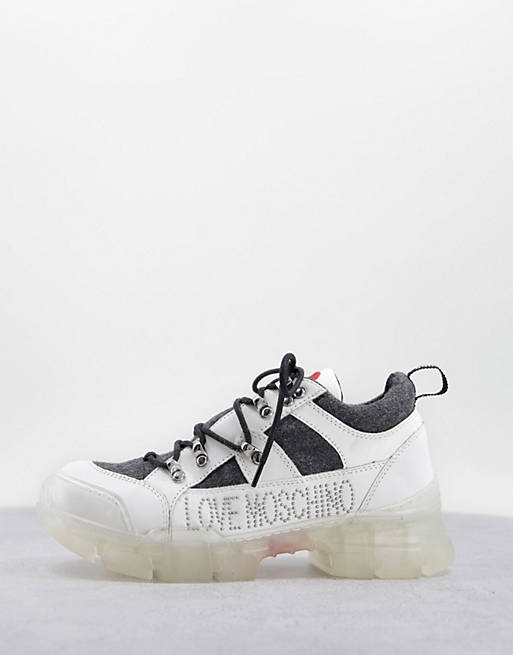 Women Trainers/Love Moschino chunky clear sole trainers in grey and white 