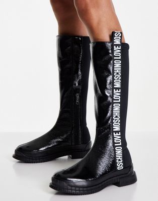 Love Moschino chunky knee high logo boots in black