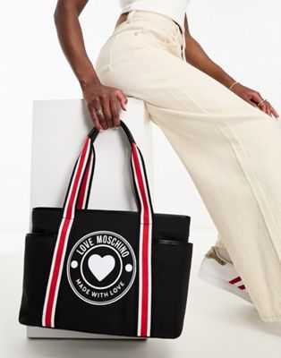 Love Moschino circle logo canvas tote bag in black
