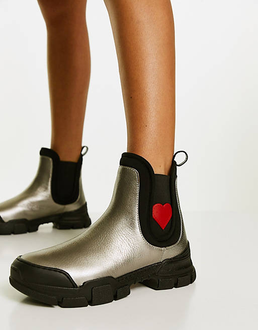  Love Moschino cleated chunky sole chelsea boots in steel 