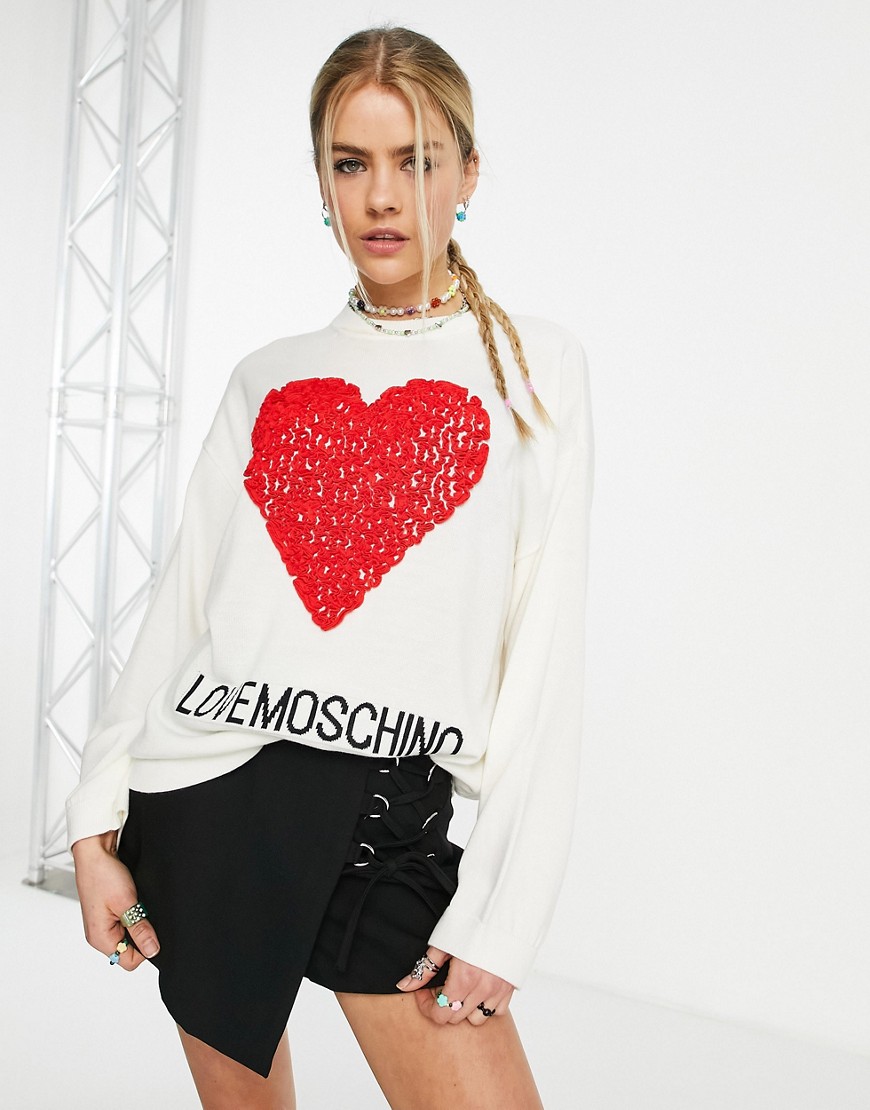 Love Moschino core heart logo jumper in white with red heart