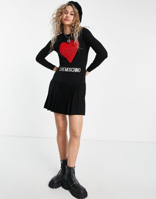 Love Moschino core heart logo knitted dress in black with red heart