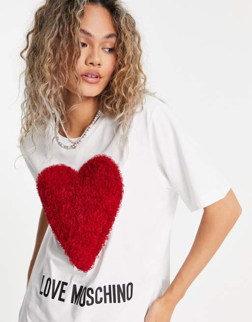 Love Moschino - Core Heart - T-shirt oversize bianca con stampa di cuore  rosso e logo