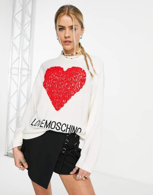 Love Moschino - Core - Pull à logo cœur rouge - Blanc