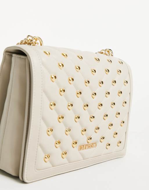 Love Moschino - Cremehvid skuldertaske med nitter og kæde, 4 af 4
