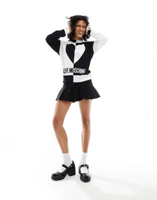 Love Moschino crewneck heart detail logo sweater in black and white