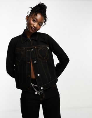 Love Moschino cropped denim jacket co-ord with heart stitch detail in black - ASOS Price Checker