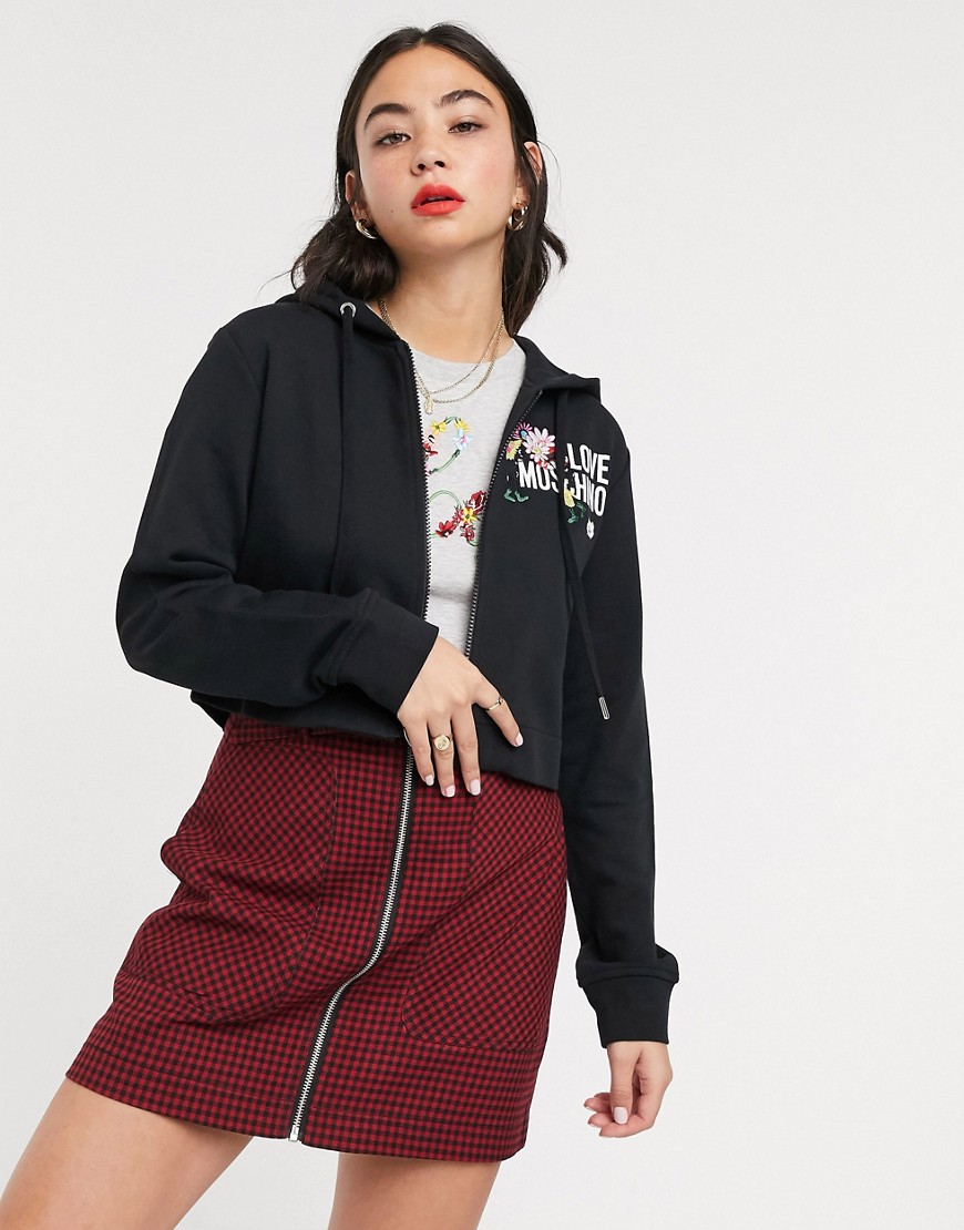 Love Moschino - Cropped hoodie met bloemenprint, logo en rits-Zwart