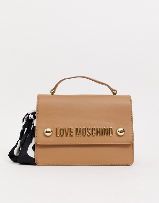 Love Moschino cross body bag with scarf detail in camel