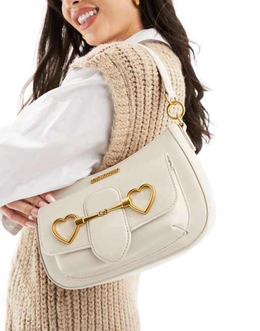 Love Moschino cross shoulder gold heart logo bag in off