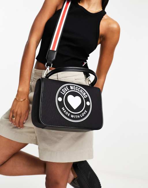 Love Moschino - Crossbody tas van canvas met rond logo en handvat bovenop in zwart