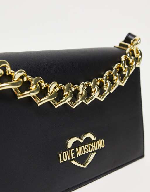 Love Moschino - Crossbody-taske i sort med hjerte og kæde, 3 af 4