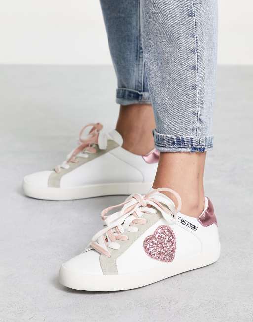 Love Moschino - Cup sole - Sneakers med pink glimmerhjerte i hvid, 2 af 4