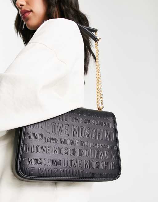Love Moschino – Czarna torebka na ramię z klapą z tłoczonym logo