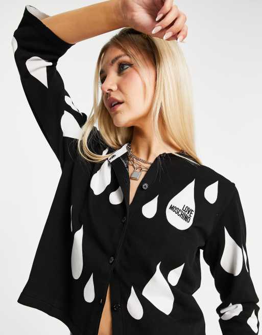 Love Moschino – Czarny dzianinowy kardigan z nadrukiem w krople na całej powierzchni