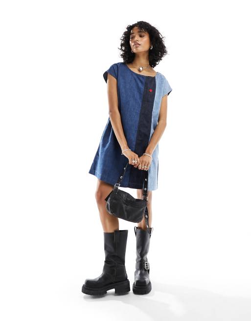 love moschino denim dress short sleeve panel in blue ASOS LUXE Curve puff Blue denim mesh sleeve dress Color:Peach Beige