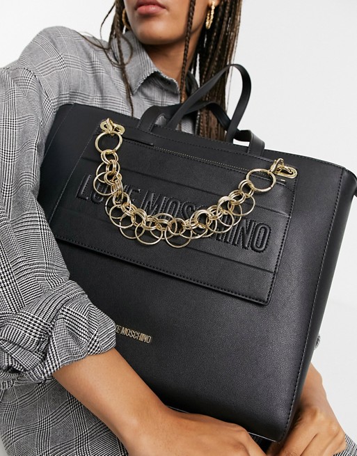 Love Moschino detachable pocket tote bag with chain in black