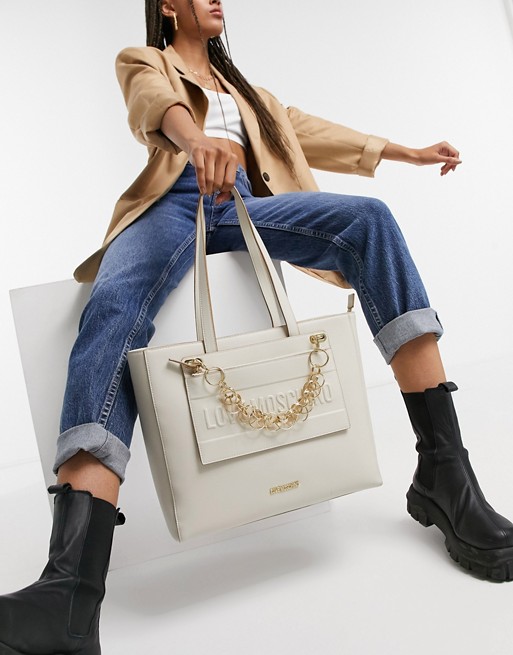 Love Moschino detachable pocket tote bag with chain in ivory