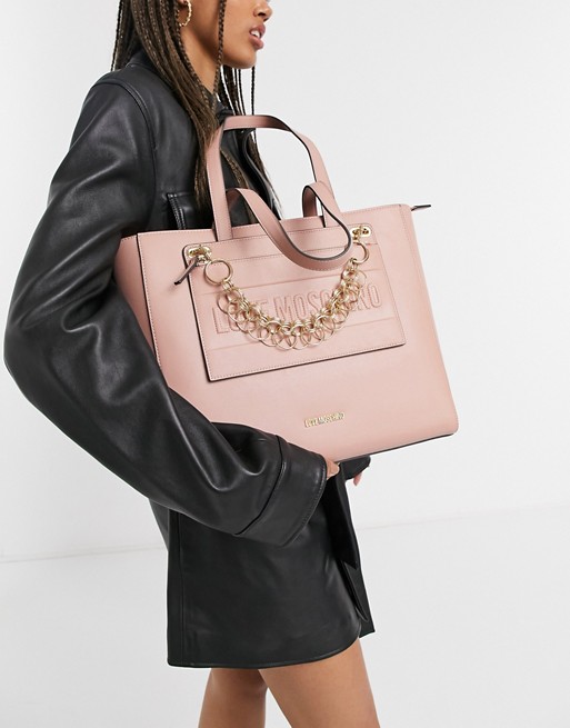 Love Moschino detachable pocket tote bag with chain in light pink