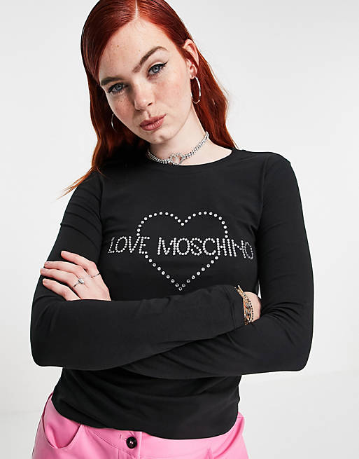 Love Moschino diamante logo long sleeve top in black