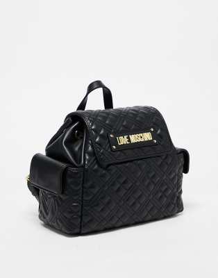 Love Moschino diamond quilted logo backpack with pocket detail in black