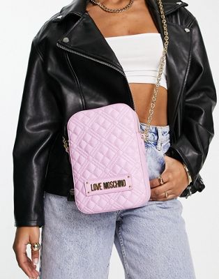 Love Moschino diamond quilted logo crossbody camera bag in pink