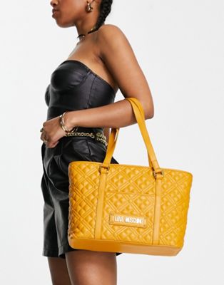 Love Moschino diamond quilted logo tote bag in ochre