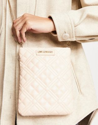 Love Moschino diamond quilted zip top crossbody bag in neutral