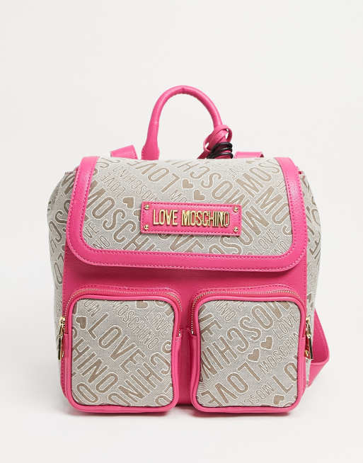 Love Moschino double pocket jacquard borg backpack in beige and pink