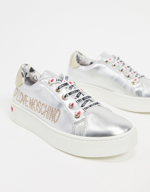 Love Moschino embellished lace up trainers in silver