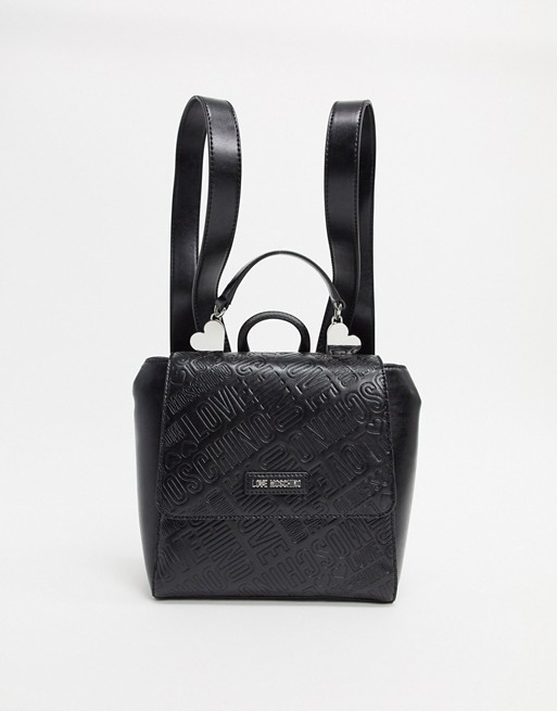 Love Moschino embossed backpack in black with heart hardware