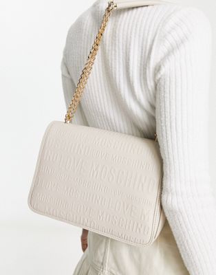 Love Moschino embossed logo flap top shoulder bag in neutral - ASOS Price Checker