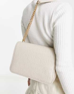 Love Moschino embossed logo flap top shoulder bag in neutral - ASOS Price Checker