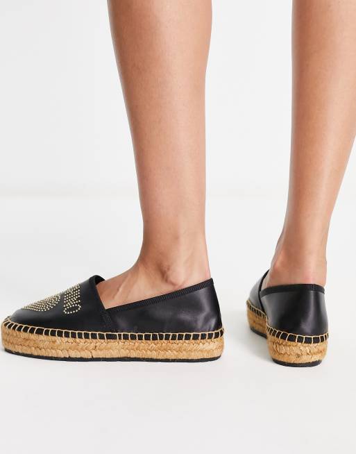Love Moschino embroidered logo espadrilles in beige and gold, 2 of 4