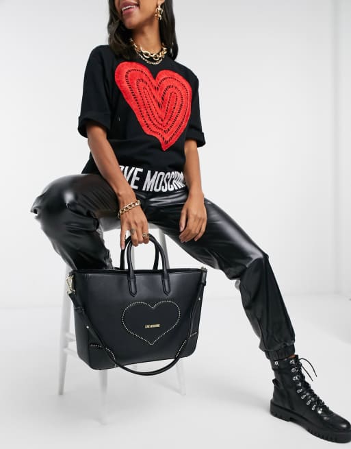 Love Moschino embroidery of love large tote bag in black