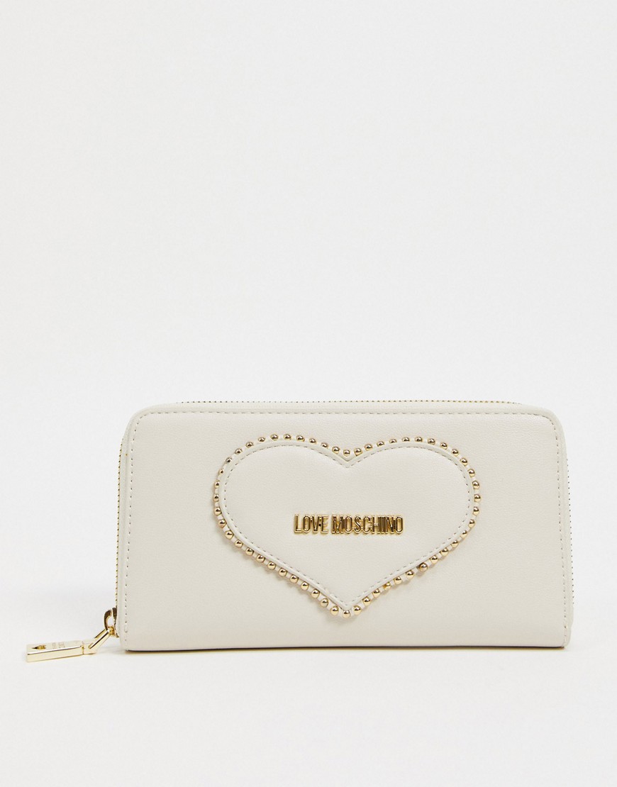 Love Moschino Embroidery Of Love Wallet In Ivory-cream