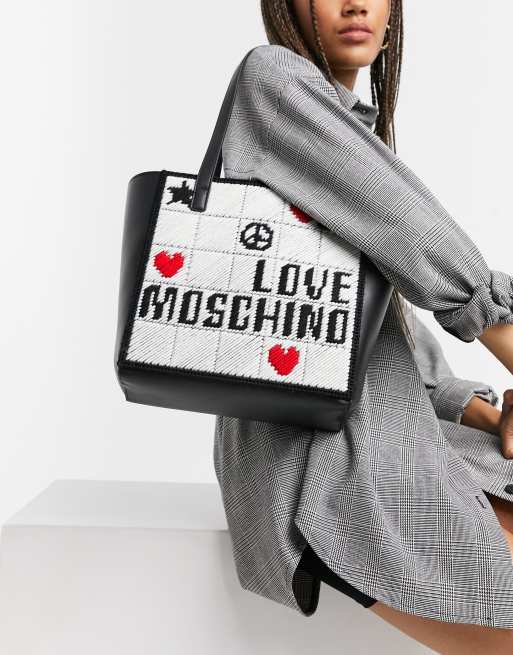 Love Moschino embroidery shopper bag in black and ivory