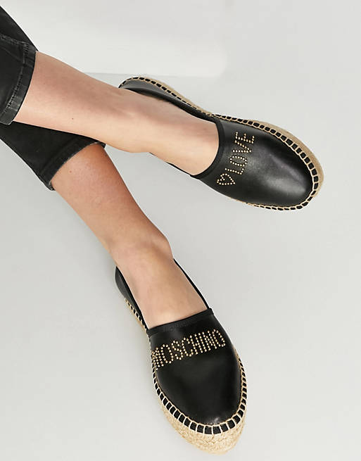 Love Moschino Leder Espadrilles mit Logo in Schwarz Damen Schuhe Flache Schuhe Espadrilles und Sandalen 